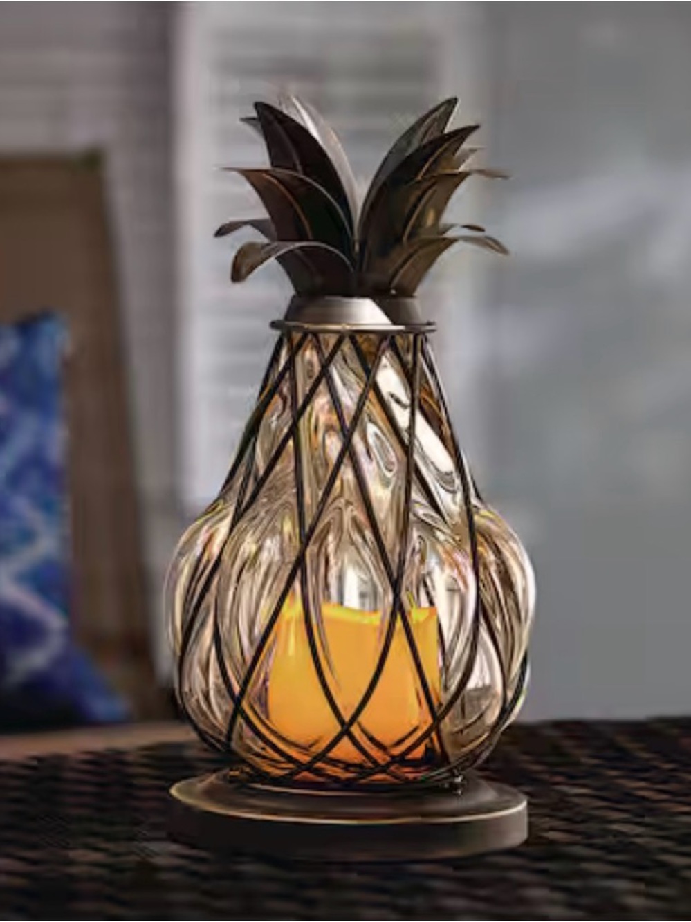 Decorative Glass Pineapple Lantern - Amber Glass with Bronze Metal